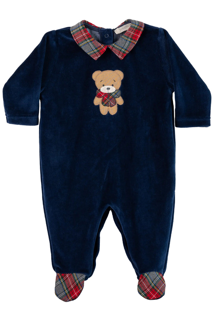 Navy Velour Tartan Bear Sleepsuit