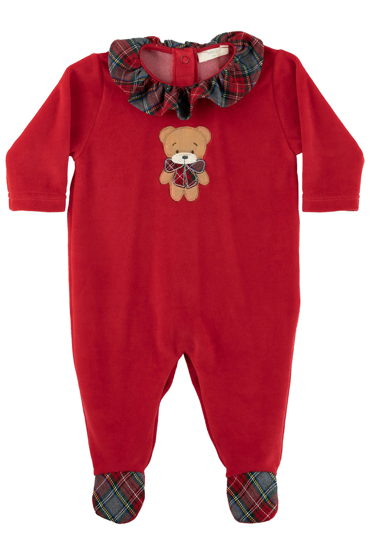 Red Velour Tartan Ruffle Bear Sleepsuit