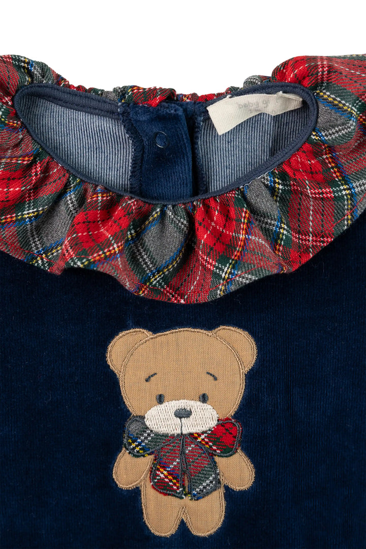 Navy Velour Tartan Ruffle Bear Sleepsuit