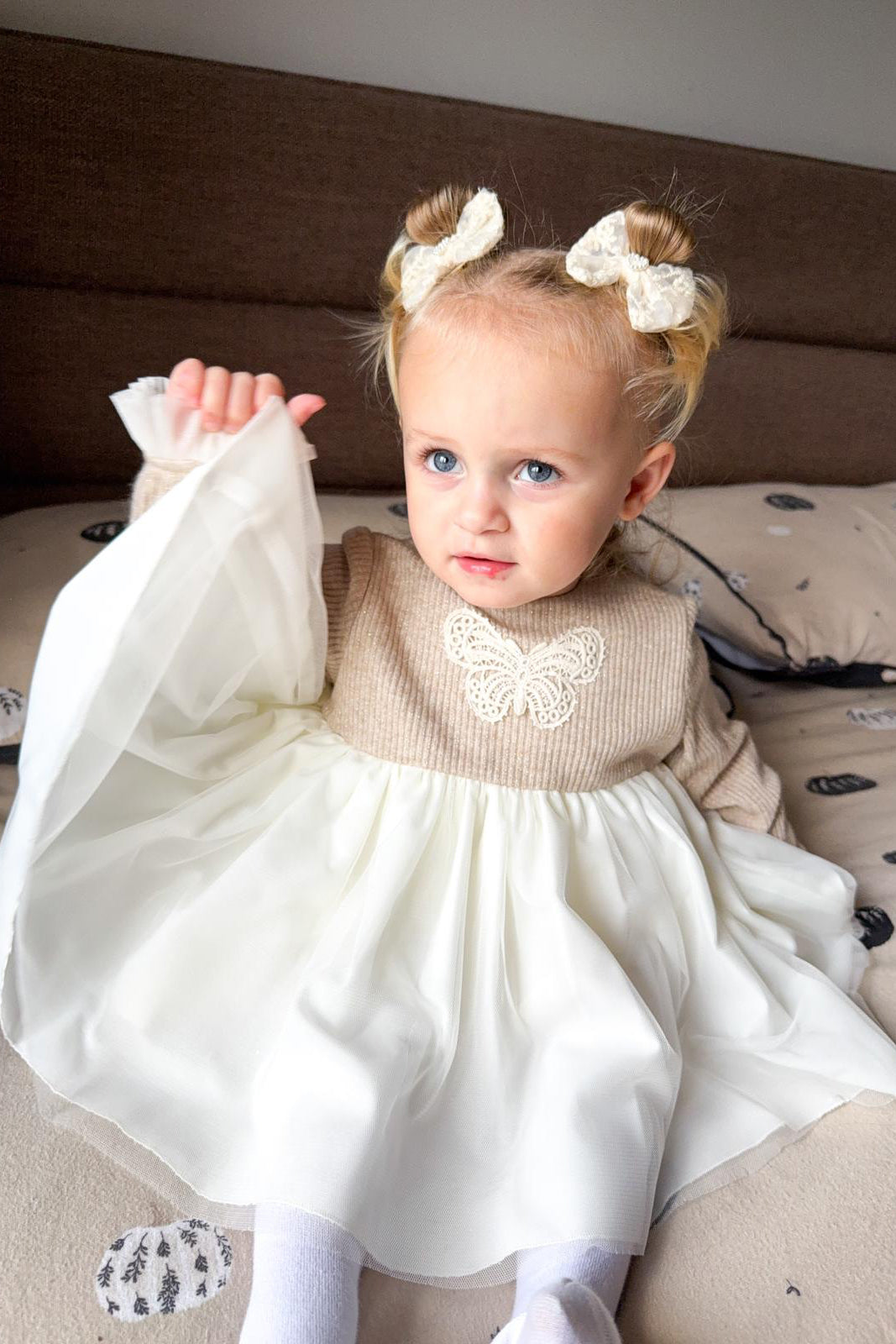 "Athena" Sparkly Beige Tulle Dress, Bloomers & Bonnet