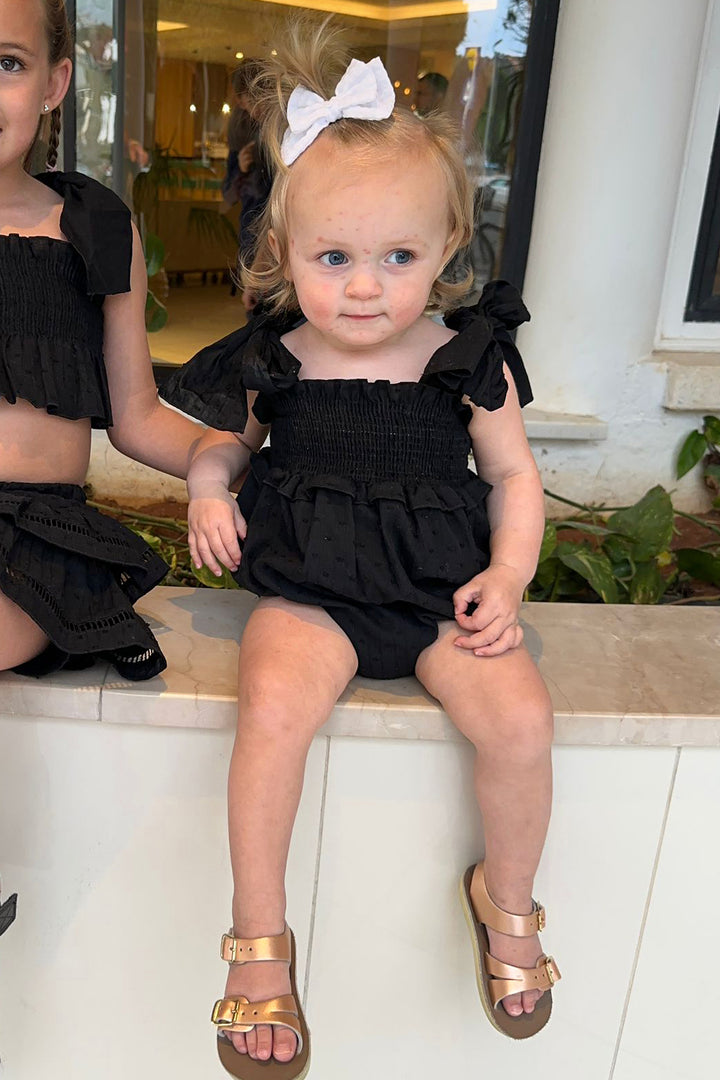 Phi "Aaliyah" Black Plumeti Dot Romper | Millie and John