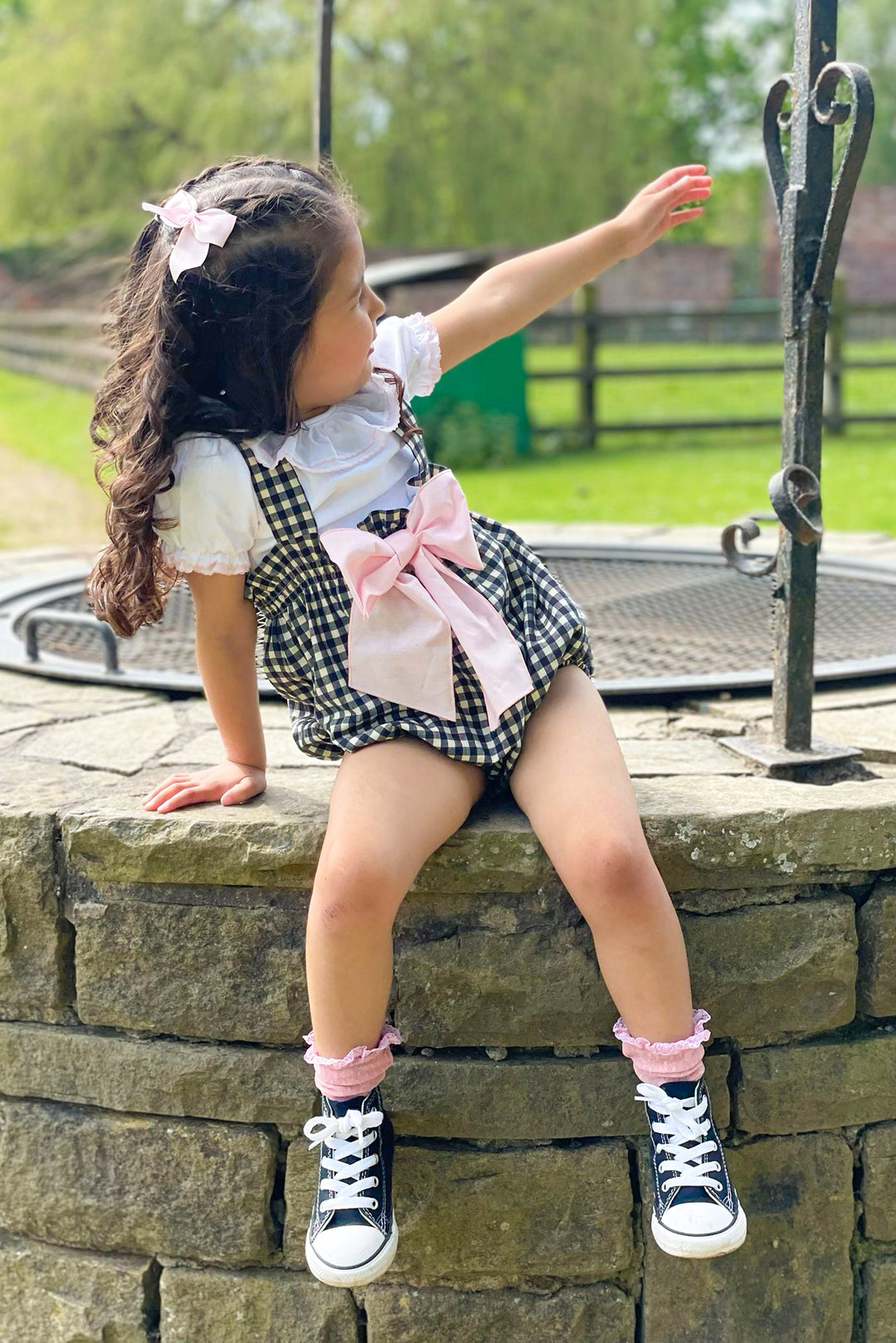 Phi "Indie" Black & White Gingham Pink Bow Shortie | Millie and John