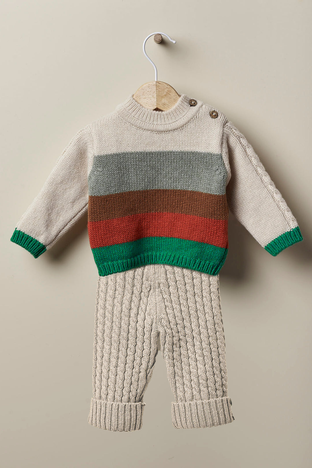 Wedoble "Cristiano" Beige & Green Stripe Cashmere Knit Top & Trousers | Millie and John