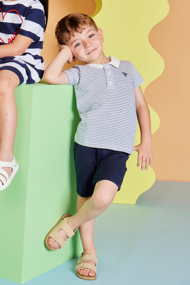 Navy Striped Knit Polo Shirt & Denim Shorts