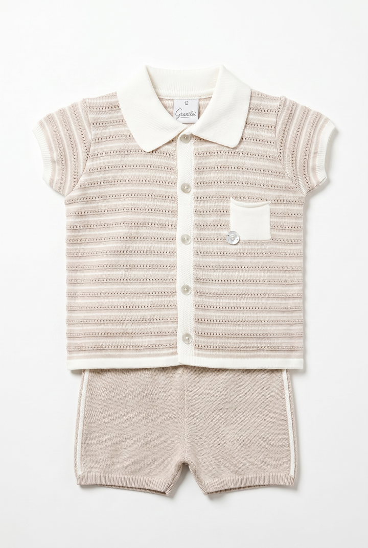 "Chance" Stone Knit Button-Down Top &amp; Shorts