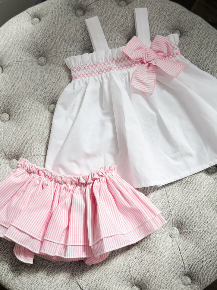"Lila" White & Pink Striped Smocked Blouse & Skort