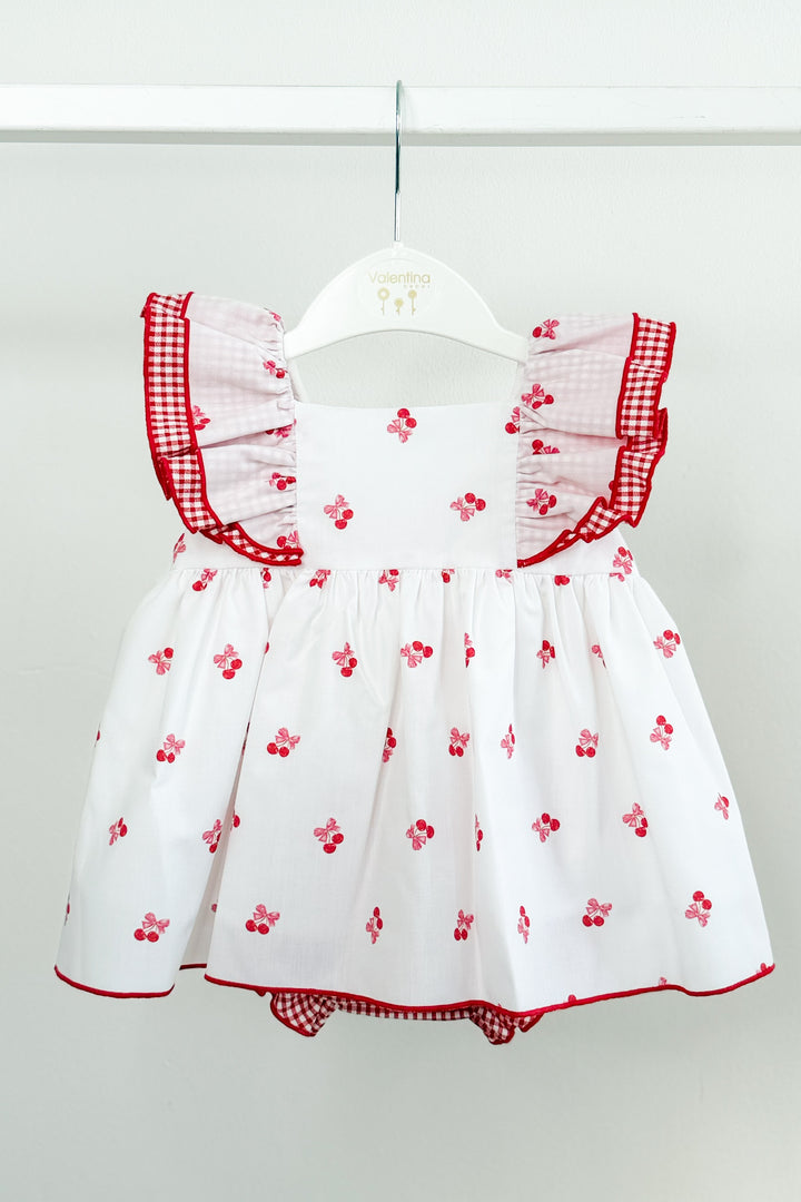 "Posie" White & Red Cherry Dress & Bloomers