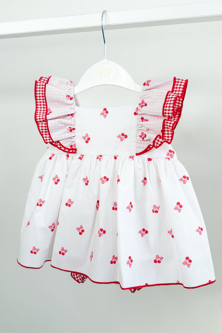 "Posie" White & Red Cherry Dress & Bloomers