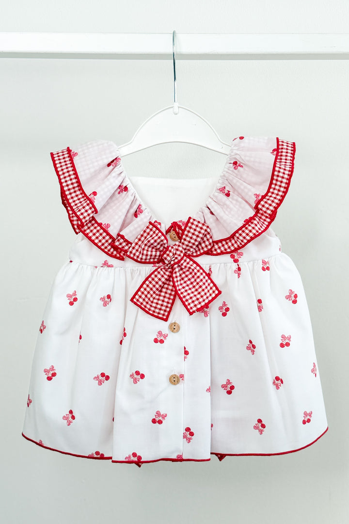 "Posie" White & Red Cherry Dress & Bloomers