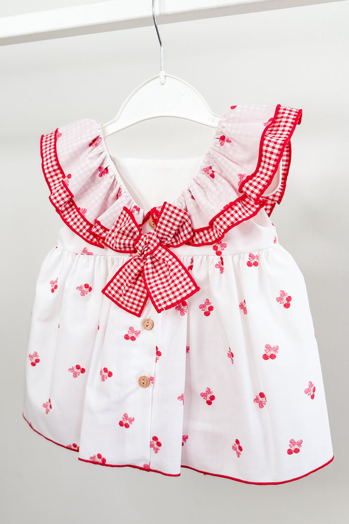 "Posie" White & Red Cherry Dress & Bloomers