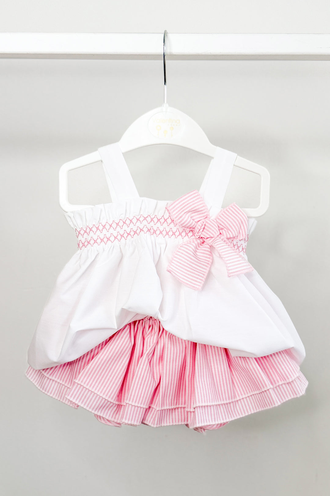 "Lila" White & Pink Striped Smocked Blouse & Skort