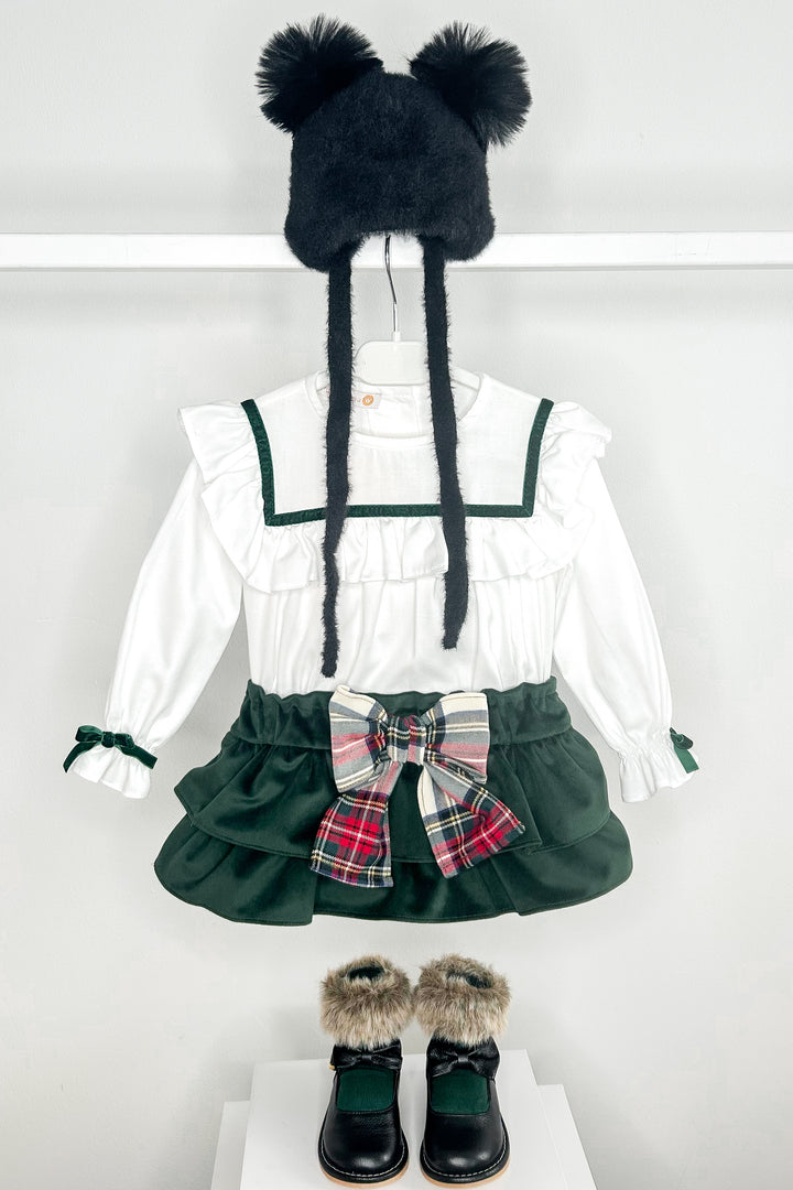 "Genevieve" Bottle Green Velvet Tartan Blouse & Skort