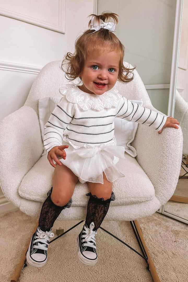 "Gracie" Ivory & Black Stripe Knit Top & Bow Bloomers