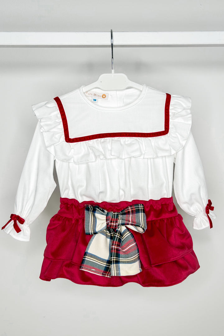 "Genevieve" Red Velvet Tartan Blouse & Skort