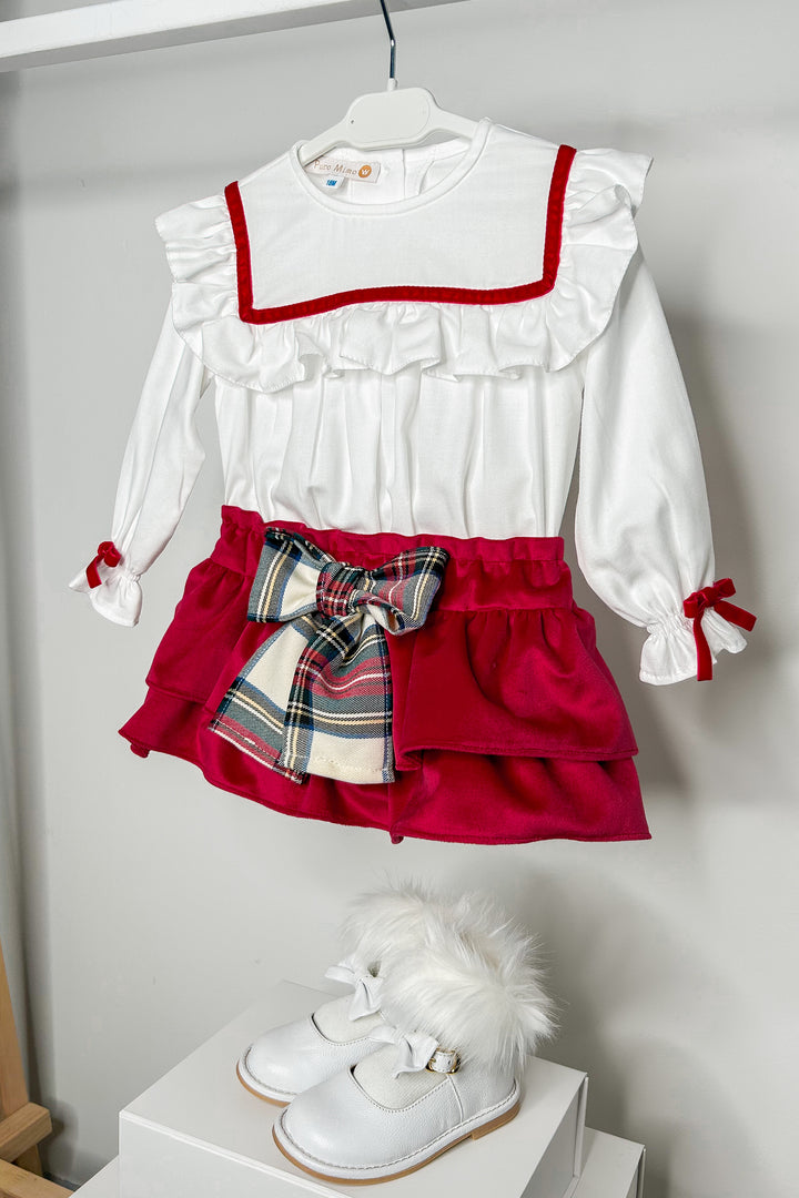 "Genevieve" Red Velvet Tartan Blouse & Skort