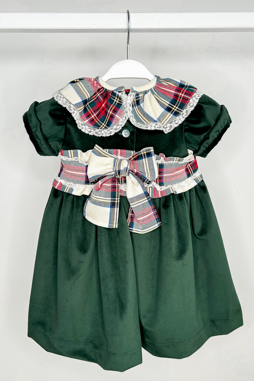 "Clementine" Bottle Green Velvet Tartan Dress