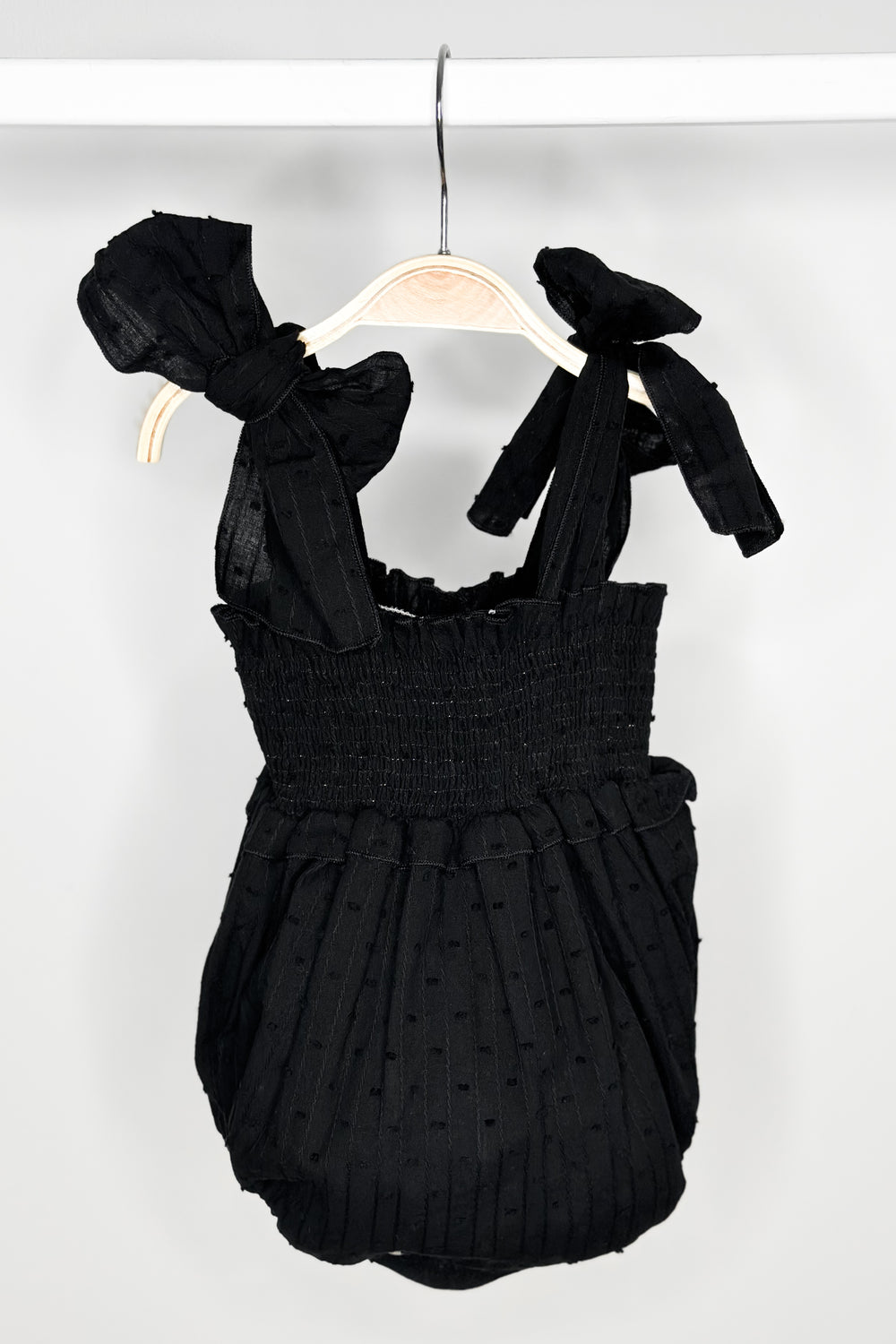 Phi "Aaliyah" Black Plumeti Dot Romper | Millie and John