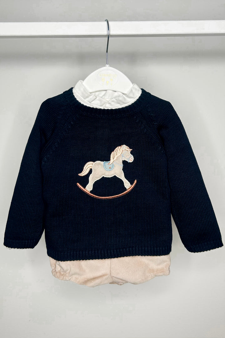 "Leopold" Navy Rocking Horse Jumper, Shirt & Shorts