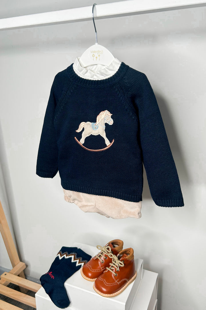 "Leopold" Navy Rocking Horse Jumper, Shirt & Shorts