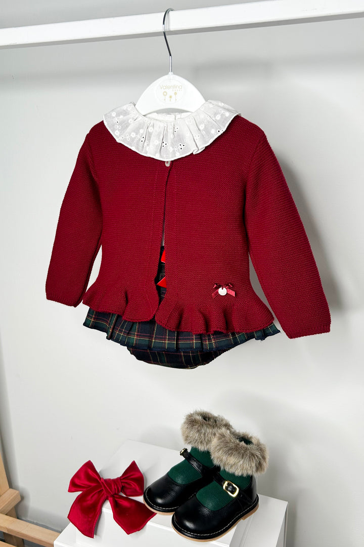 "Amelia" Burgundy Cardigan, Blouse & Tartan Bloomers