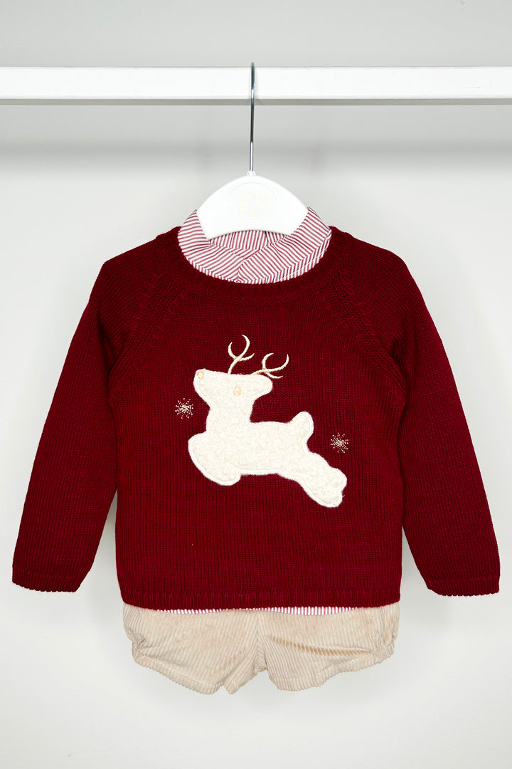 "Jenson" Burgundy Reindeer Jumper, Shirt & Shorts