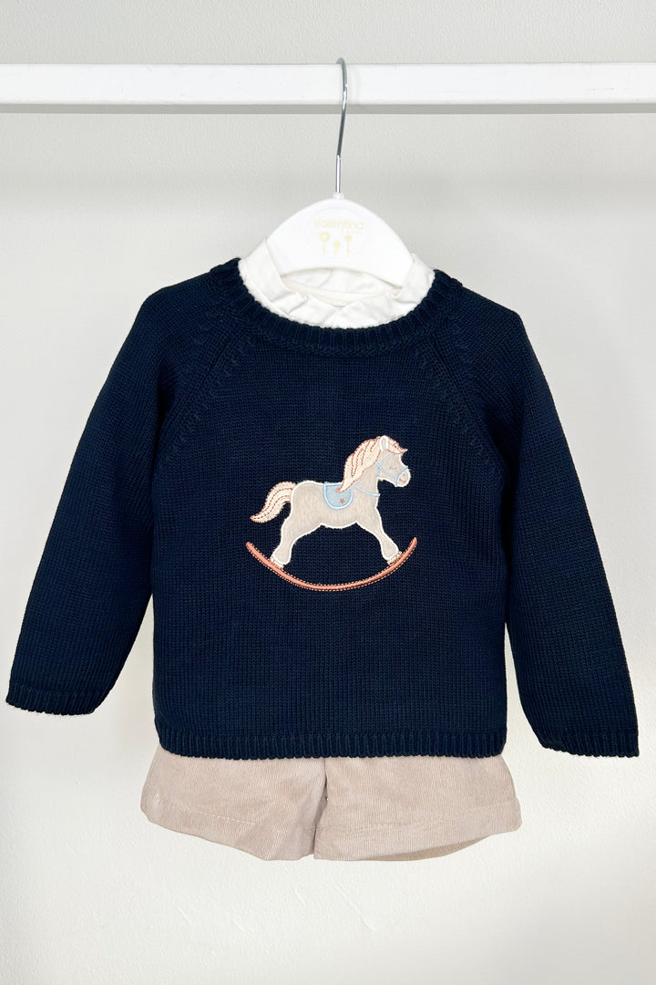 "Leopold" Navy Rocking Horse Jumper, Shirt & Shorts