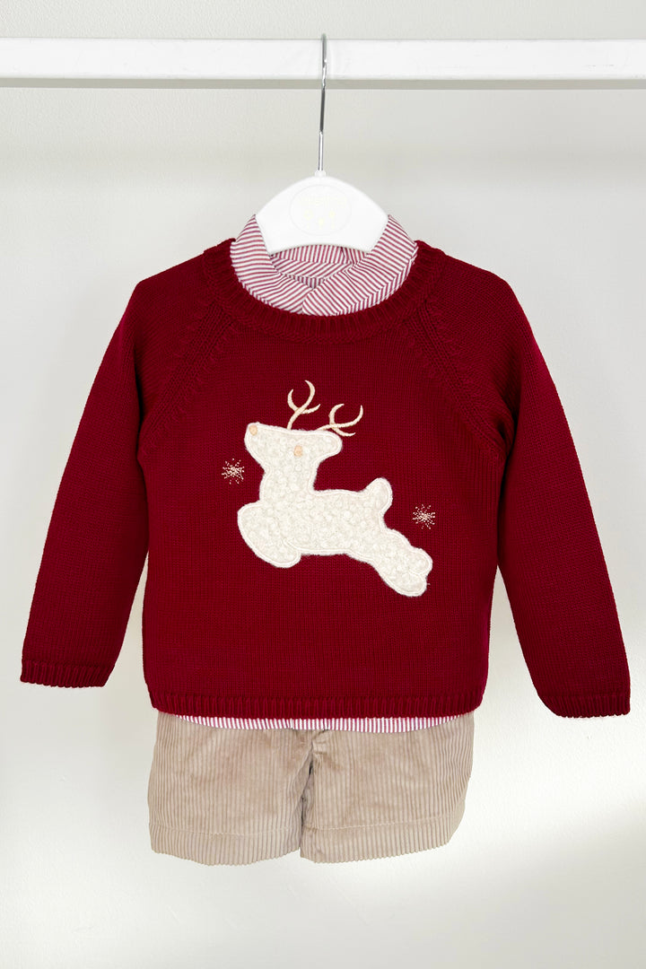 "Jenson" Burgundy Reindeer Jumper, Shirt & Shorts