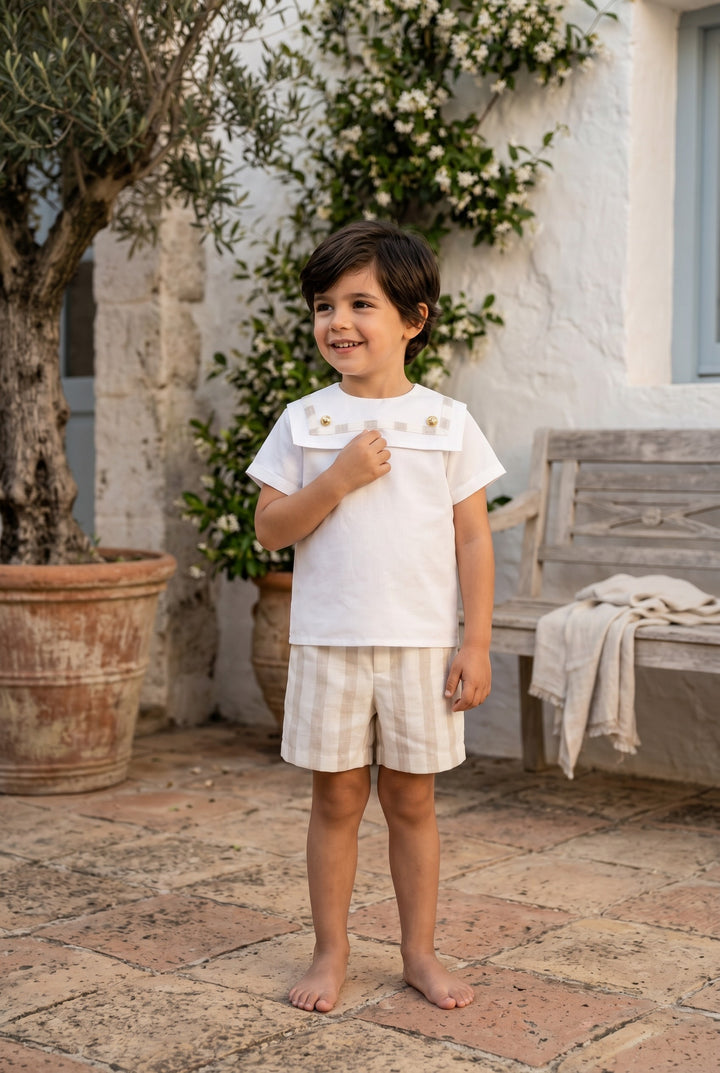 "Archie" Beige Stripe Sailor Shirt &amp; Shorts