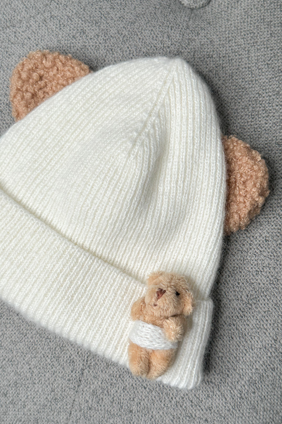 Ivory Ribbed Bear Beanie Hat