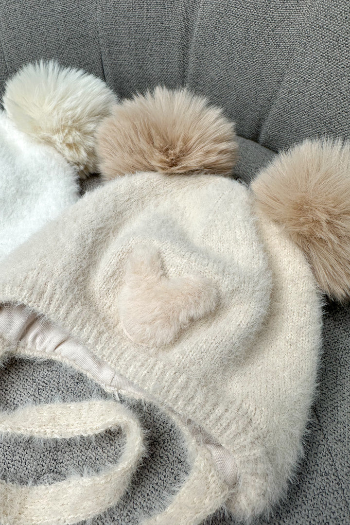 Fluffy Ivory Cashmere Bear Pom Pom Hat