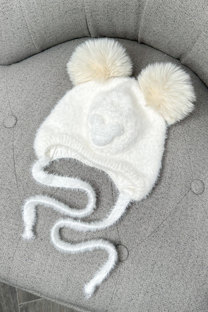 Fluffy Ivory Cashmere Bear Pom Pom Hat