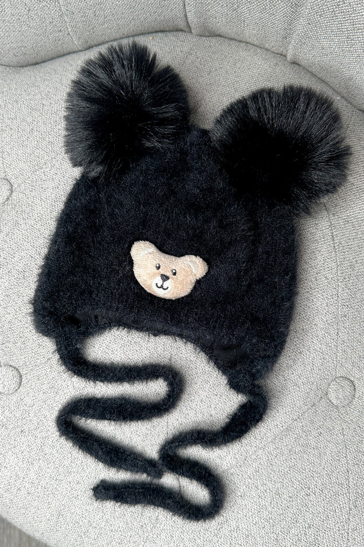 Fluffy Black Cashmere Teddy Pom Pom Hat