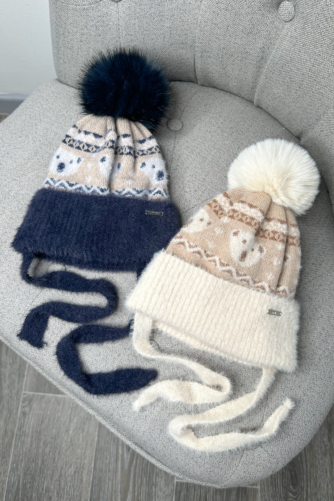 Fluffy Beige Teddy Fair Isle Pom Pom Hat