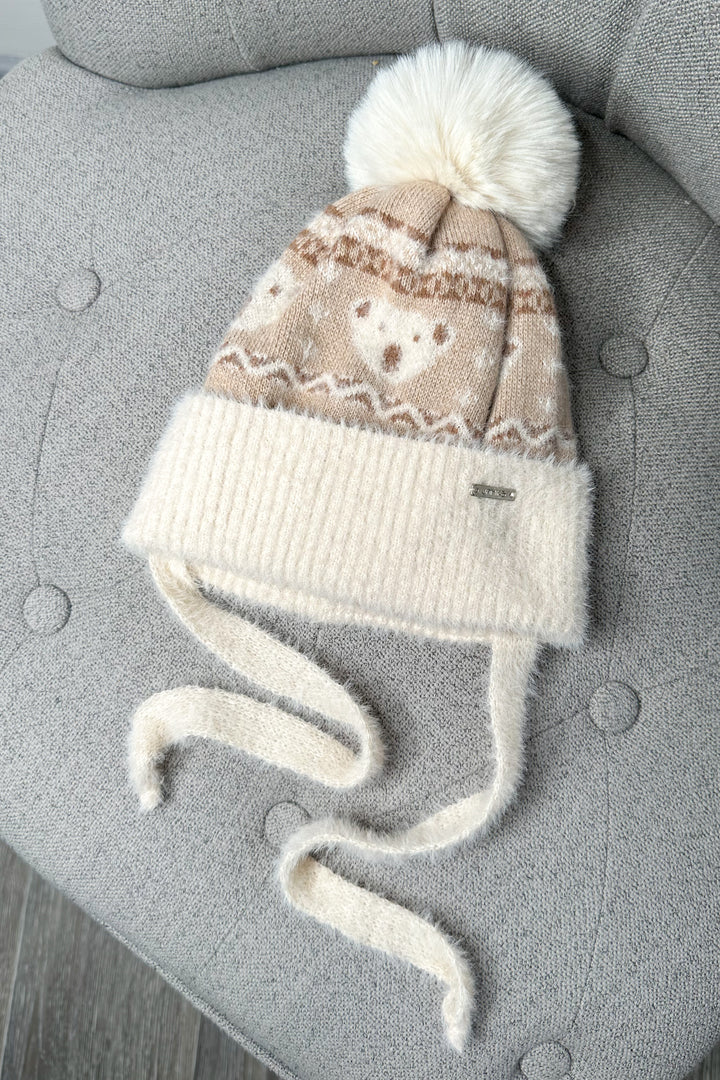 Fluffy Beige Teddy Fair Isle Pom Pom Hat