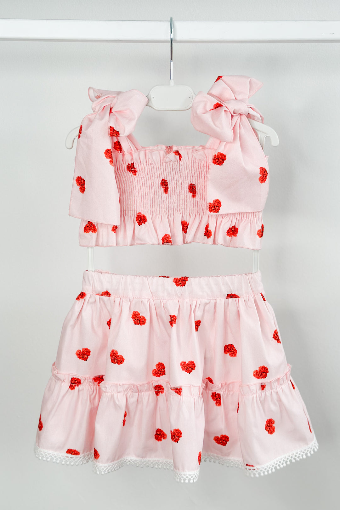 Phi "Milana" Pink Floral Heart Crop Top & Skirt | Millie and John