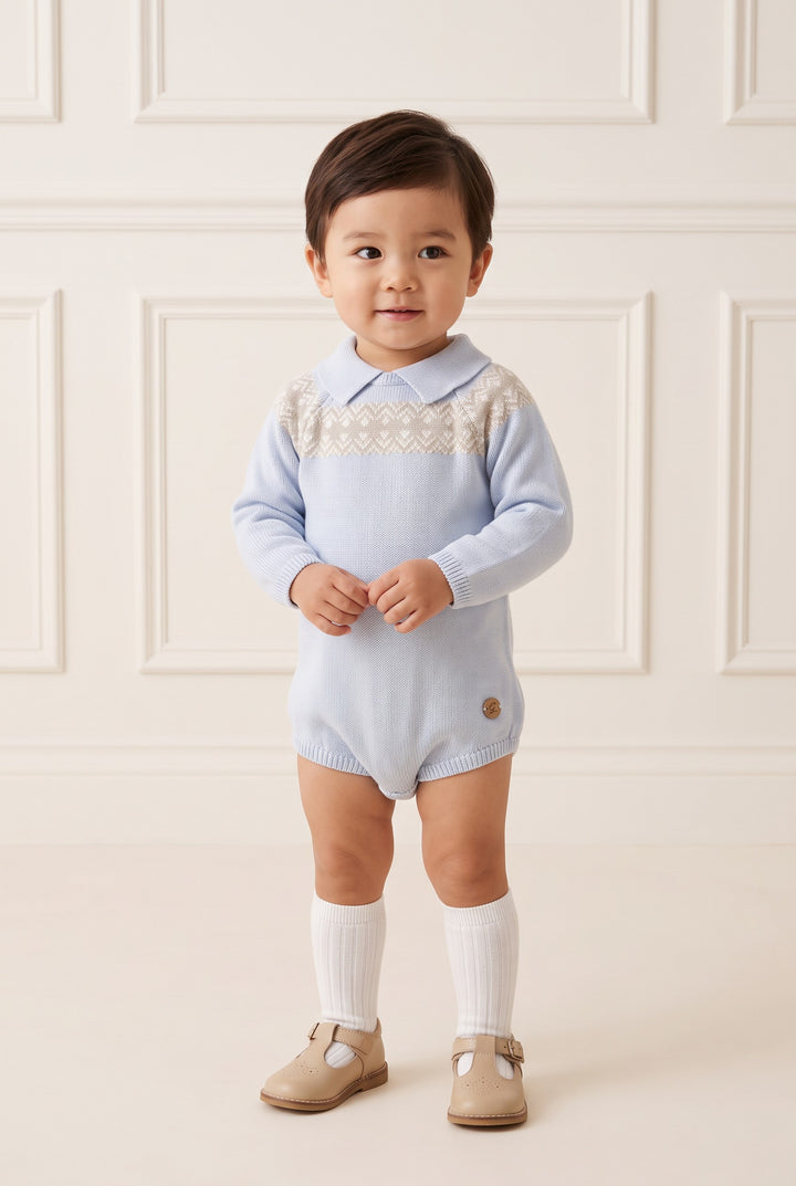 "Albie" Baby Blue Fair Isle Knitted Romper