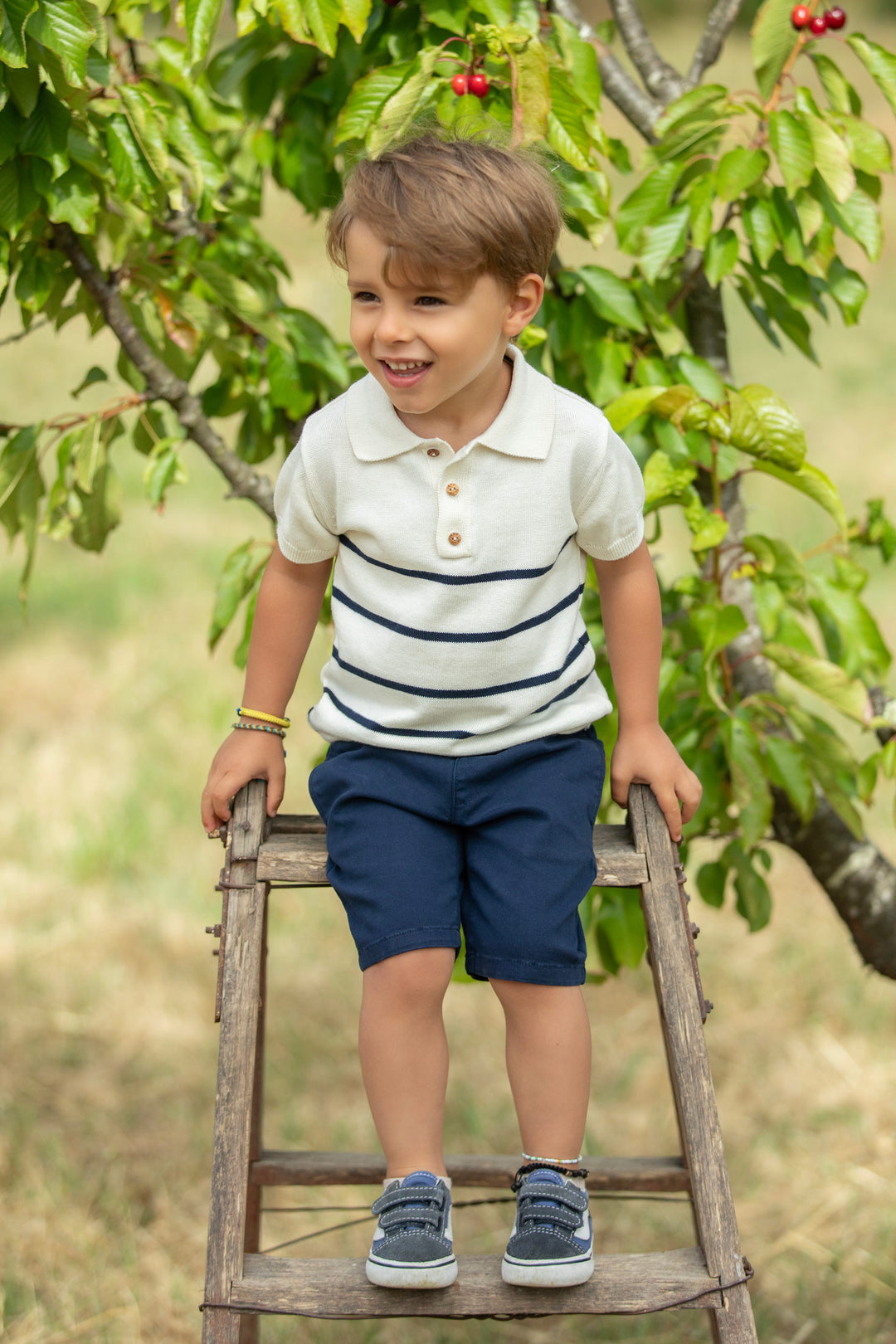 Navy Striped Knit Polo Shirt & Shorts