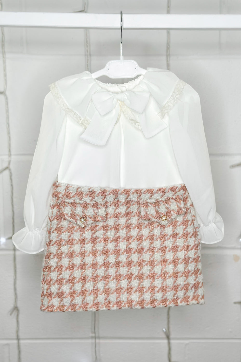 Fofettes "Peggy" Blouse & Pink Houndstooth Knit Skirt | Millie and John