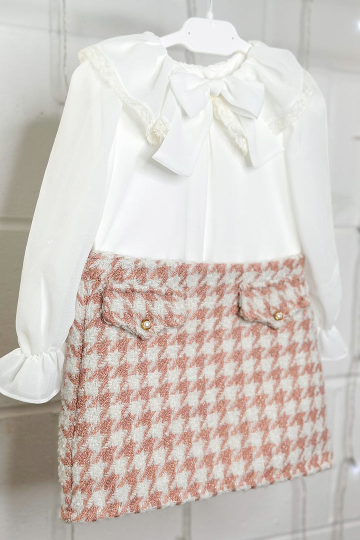 Fofettes "Peggy" Blouse & Pink Houndstooth Knit Skirt | Millie and John