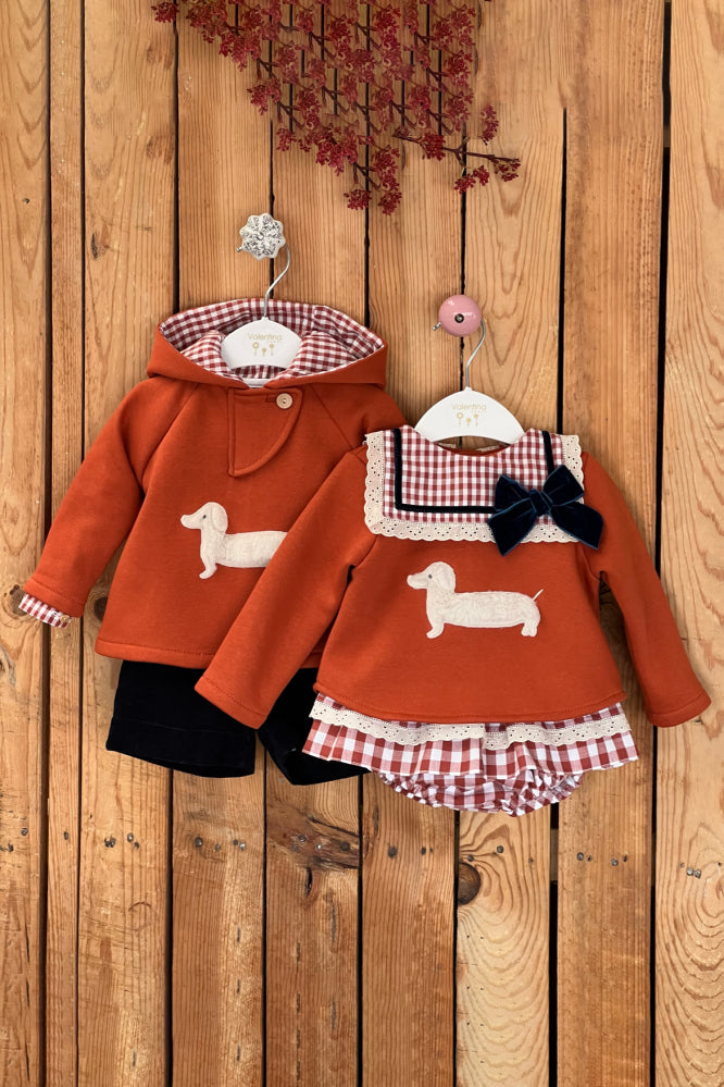 Valentina Bebes PREORDER "Frankie" Rust Sausage Dog Sweatshirt & Skirt | Millie and John