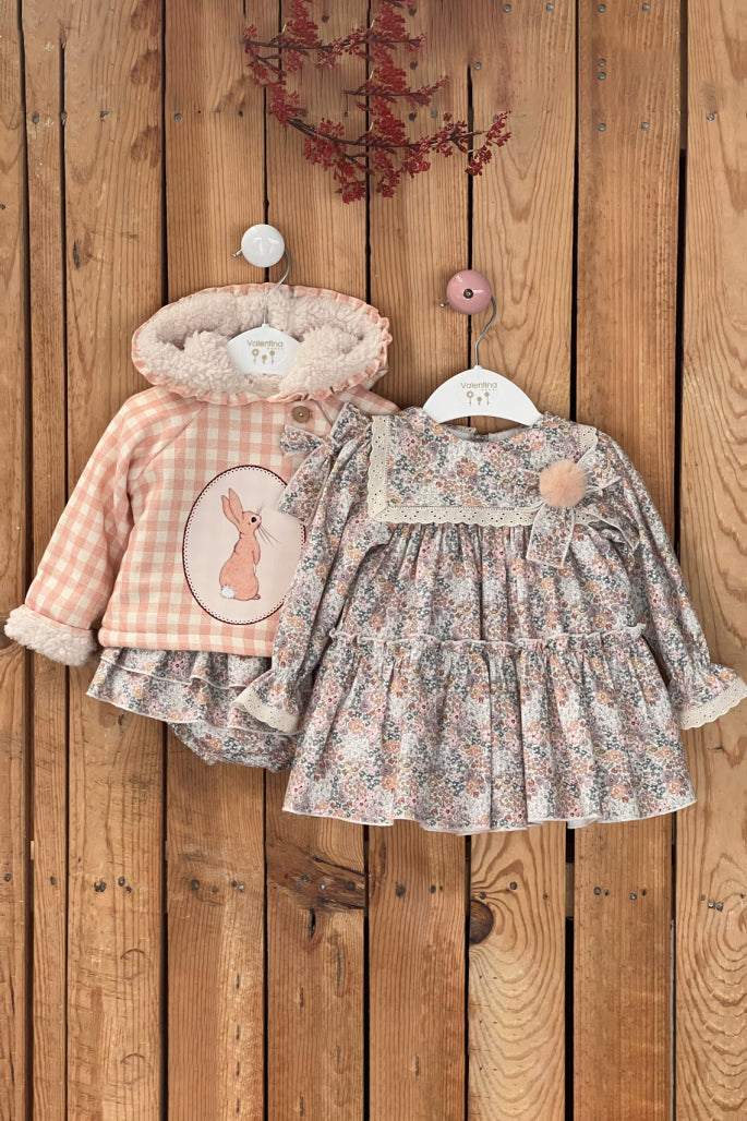 Valentina Bebes PREORDER "Hannah" Peach Gingham Bunny Hoodie & Skirt | Millie and John