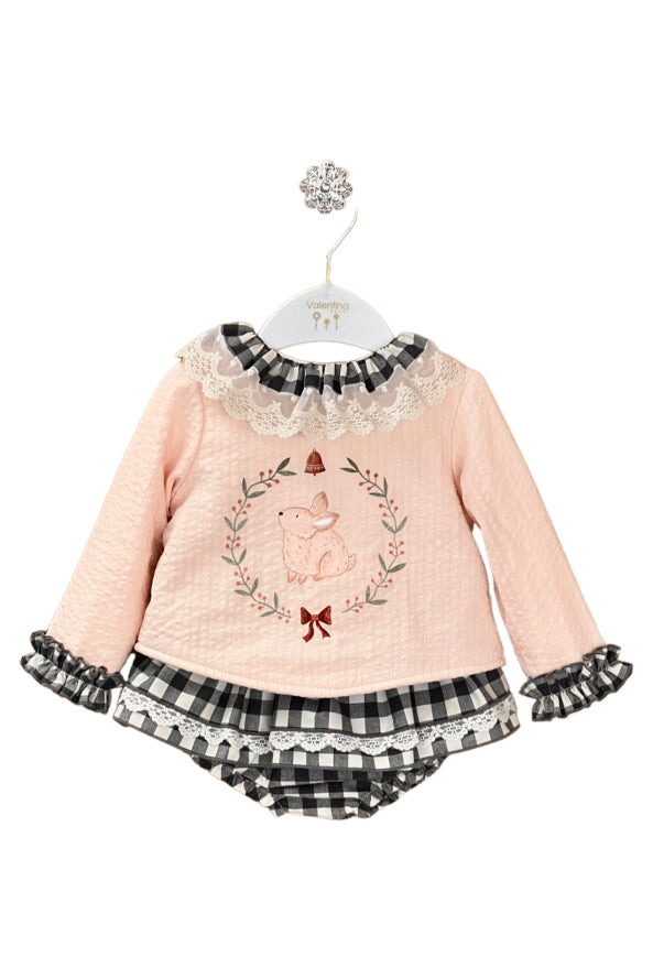 Valentina Bebes "Thea" Pale Peach Bunny Top & Black Gingham Skirt | Millie and John