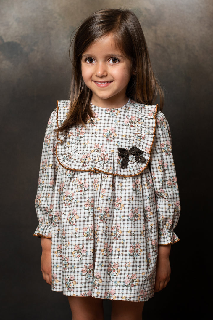 Foque "Edna" Camel Checked Floral Dress | Millie and John