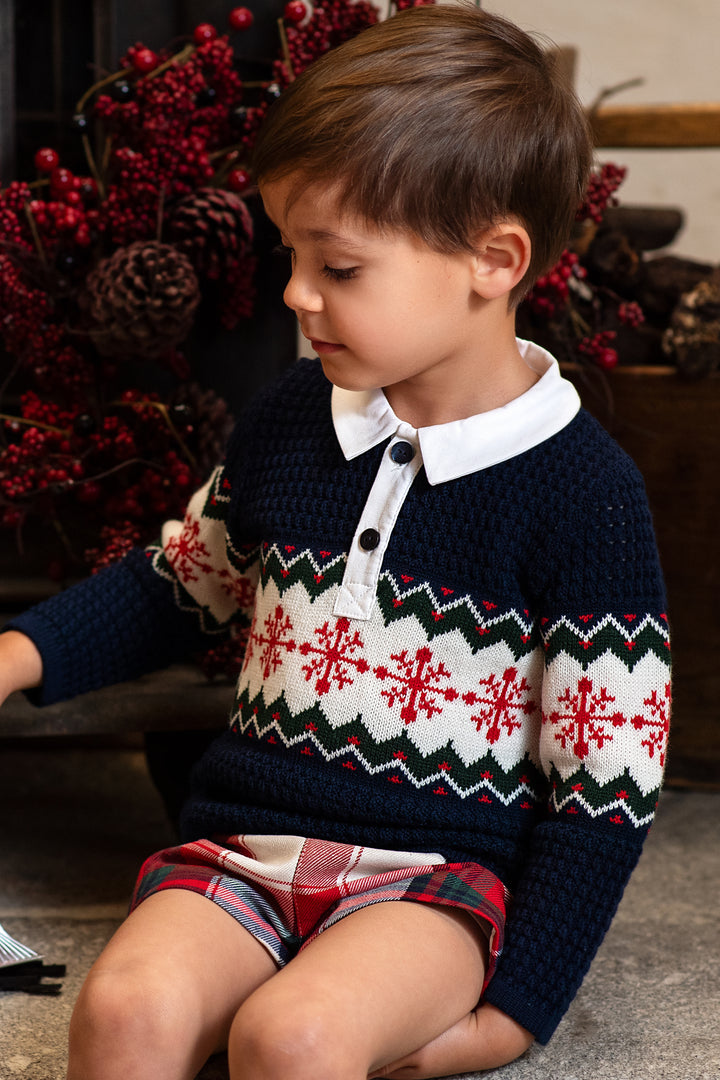 "Arlo" Navy Fair Isle Polo Top & Red Tartan Shorts