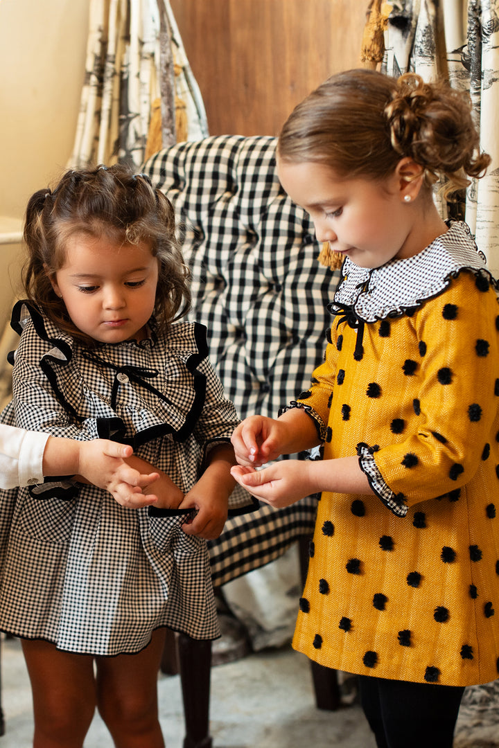 "Peggy" Mustard & Black Gingham Polka Dot Dress