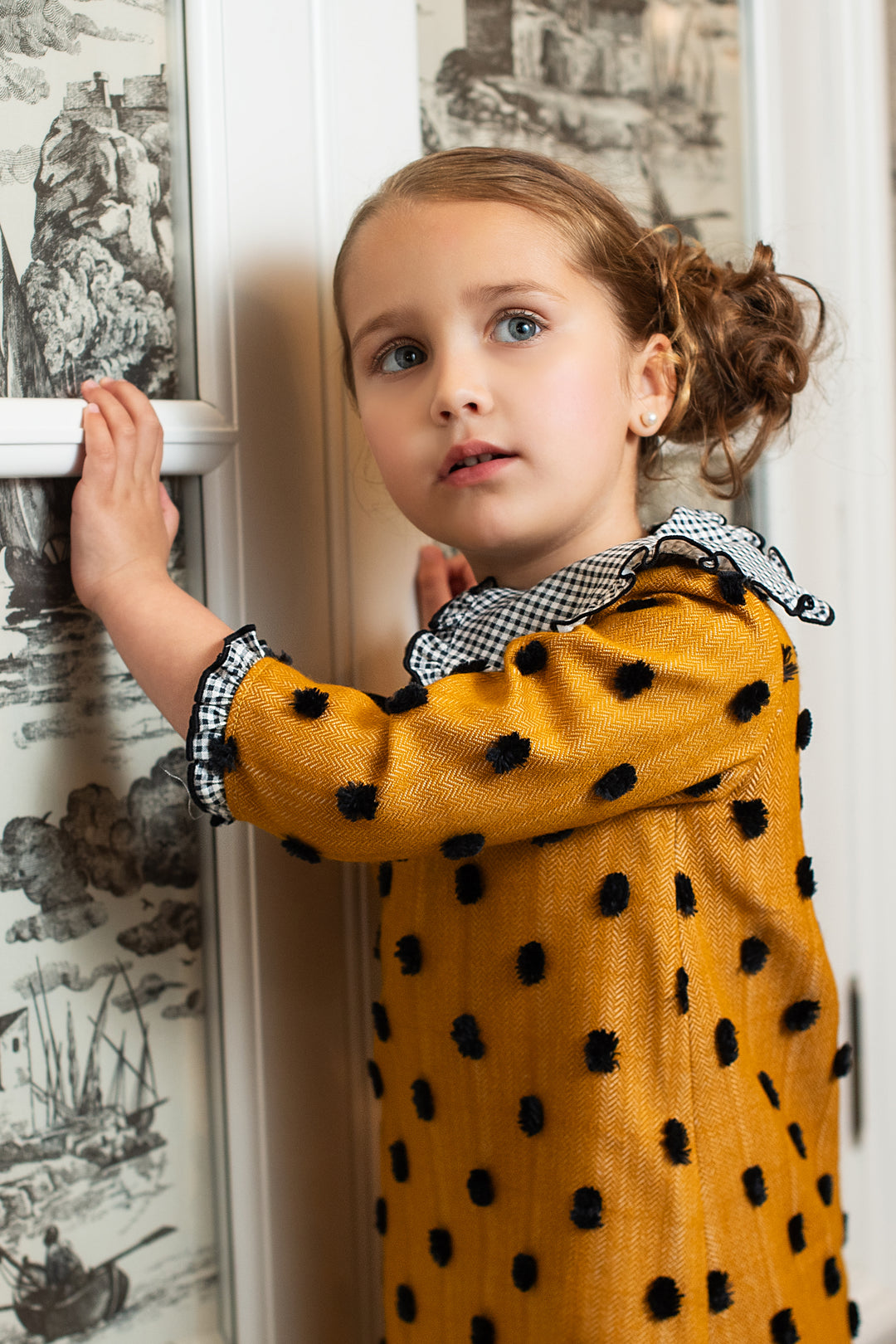 "Peggy" Mustard & Black Gingham Polka Dot Dress