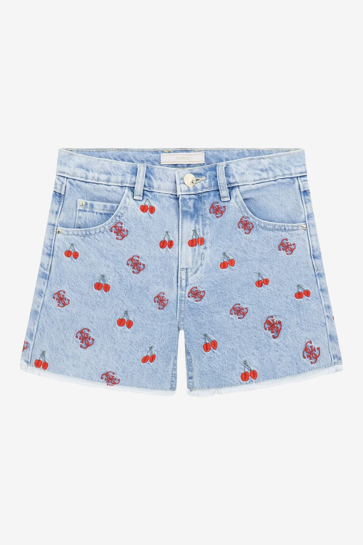 GUESS® Kids "Lola" Embroidered Cherry Denim Shorts | Millie and John