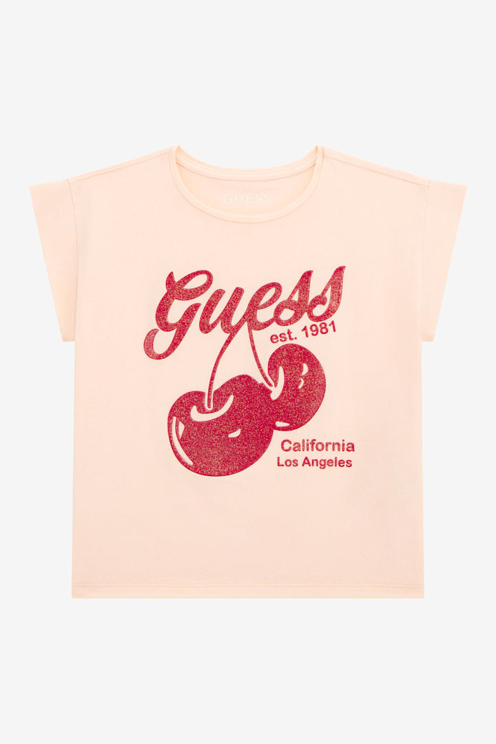 GUESS® Kids "Jolie" Peach & Red Glitter Cherry T-Shirt | Millie and John