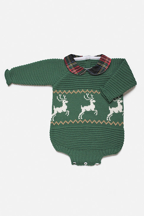 Juliana "Wilder" Bottle Green Knit Reindeer Romper | Millie and John