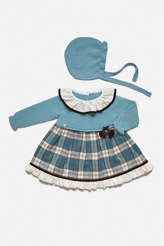Juliana "Sadie" Cloud Blue Knit Tartan Dress & Bonnet | Millie and John